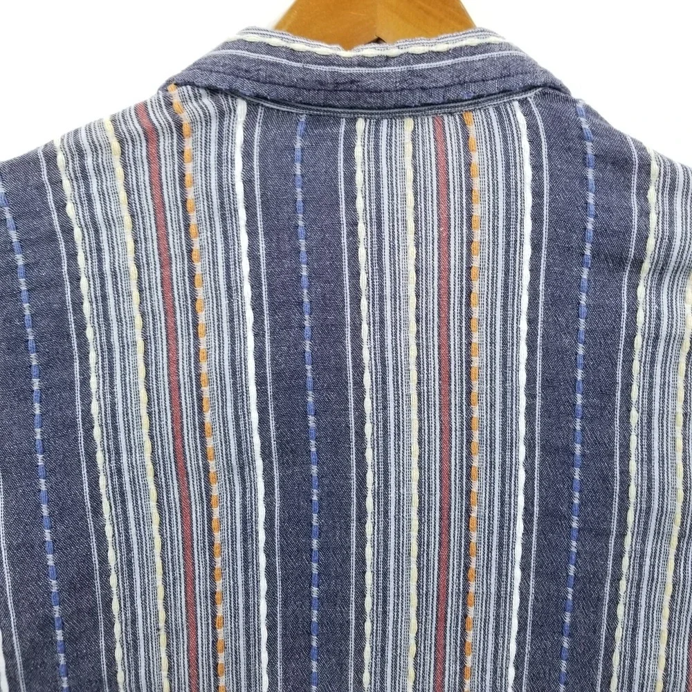 Serengeti Blouse Women M Blue‎ Striped Cotton Long Roll Sleeve Hippie Boho Slim